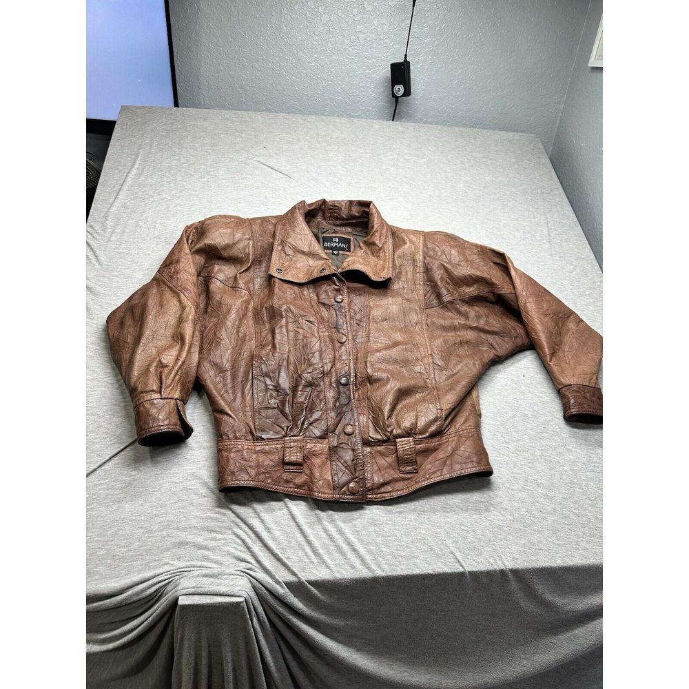 VTG Bermans Brown Crinkle Leather Jacket Size M